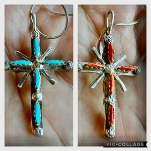 Native American Dual ColorTurquoise Blue & Coral Sterling Silver Cross Pendant